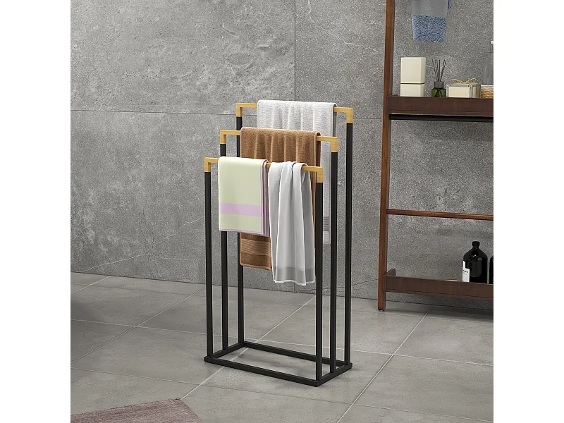 Porte-serviette autoportant 3 barres - dim. 45L x 22l x 86H cm - bois bambou acier noir