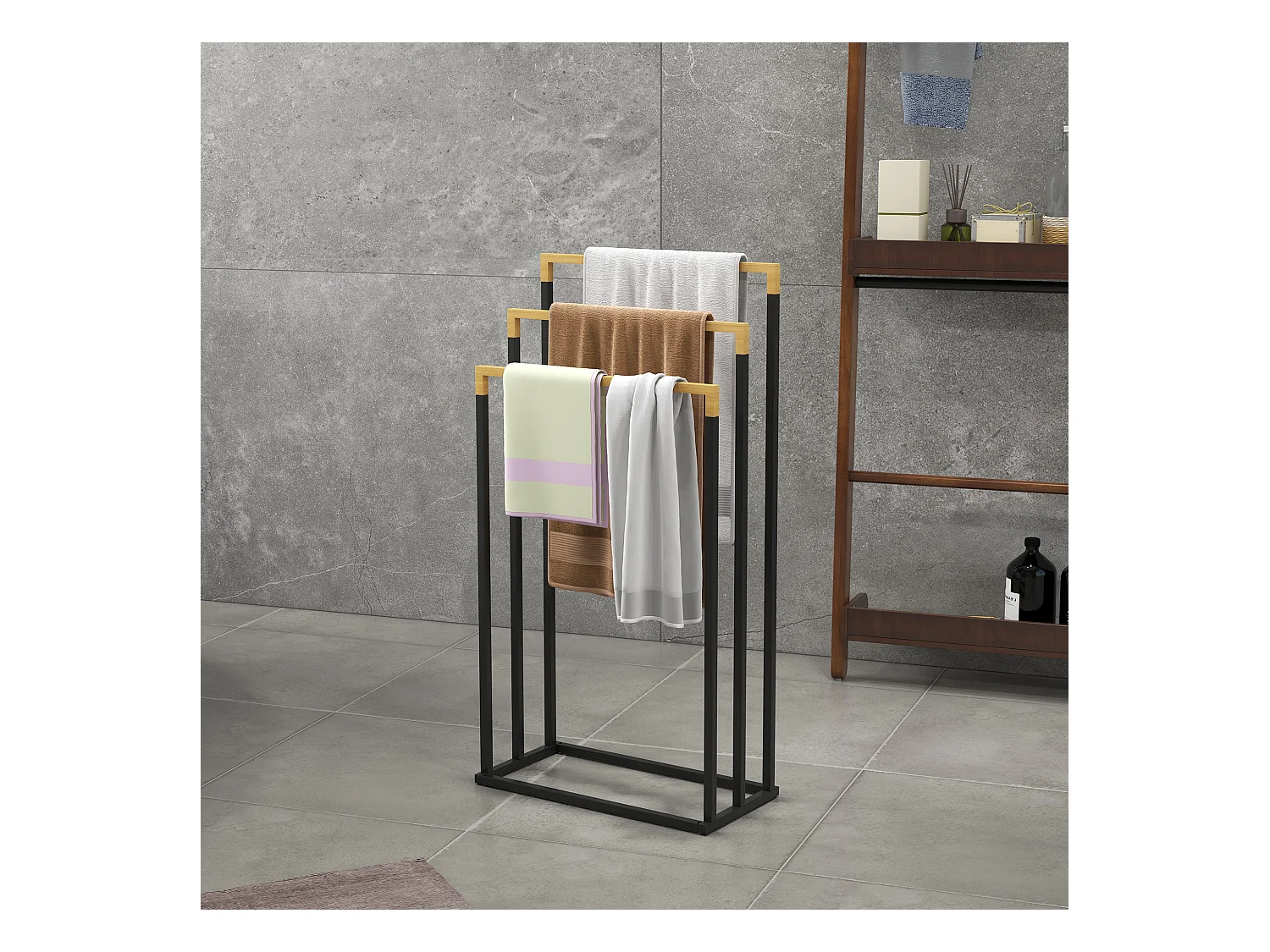 Porte-serviette autoportant 3 barres - dim. 45L x 22l x 86H cm - bois bambou acier noir