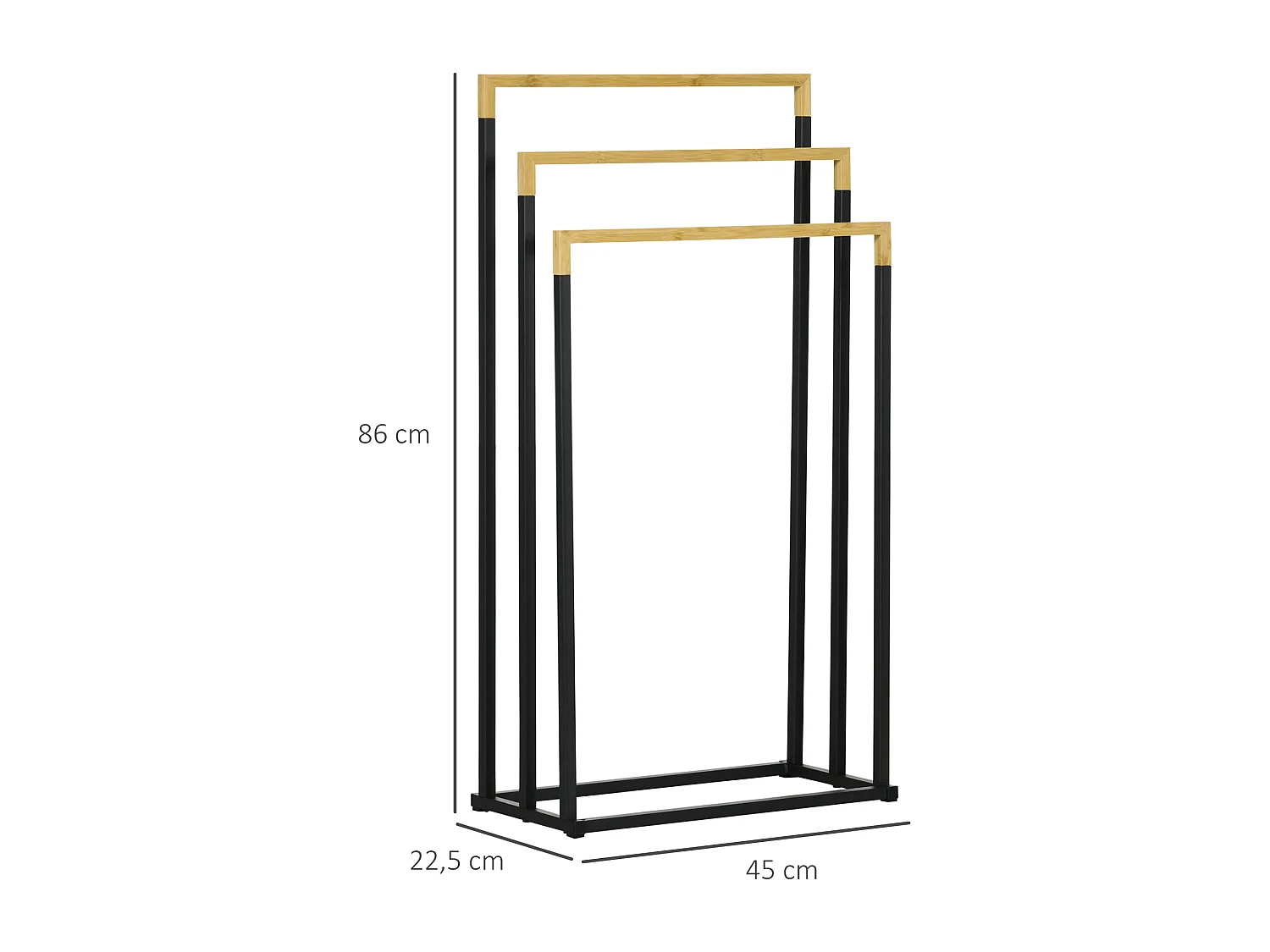 Porte-serviette autoportant 3 barres - dim. 45L x 22l x 86H cm - bois bambou acier noir