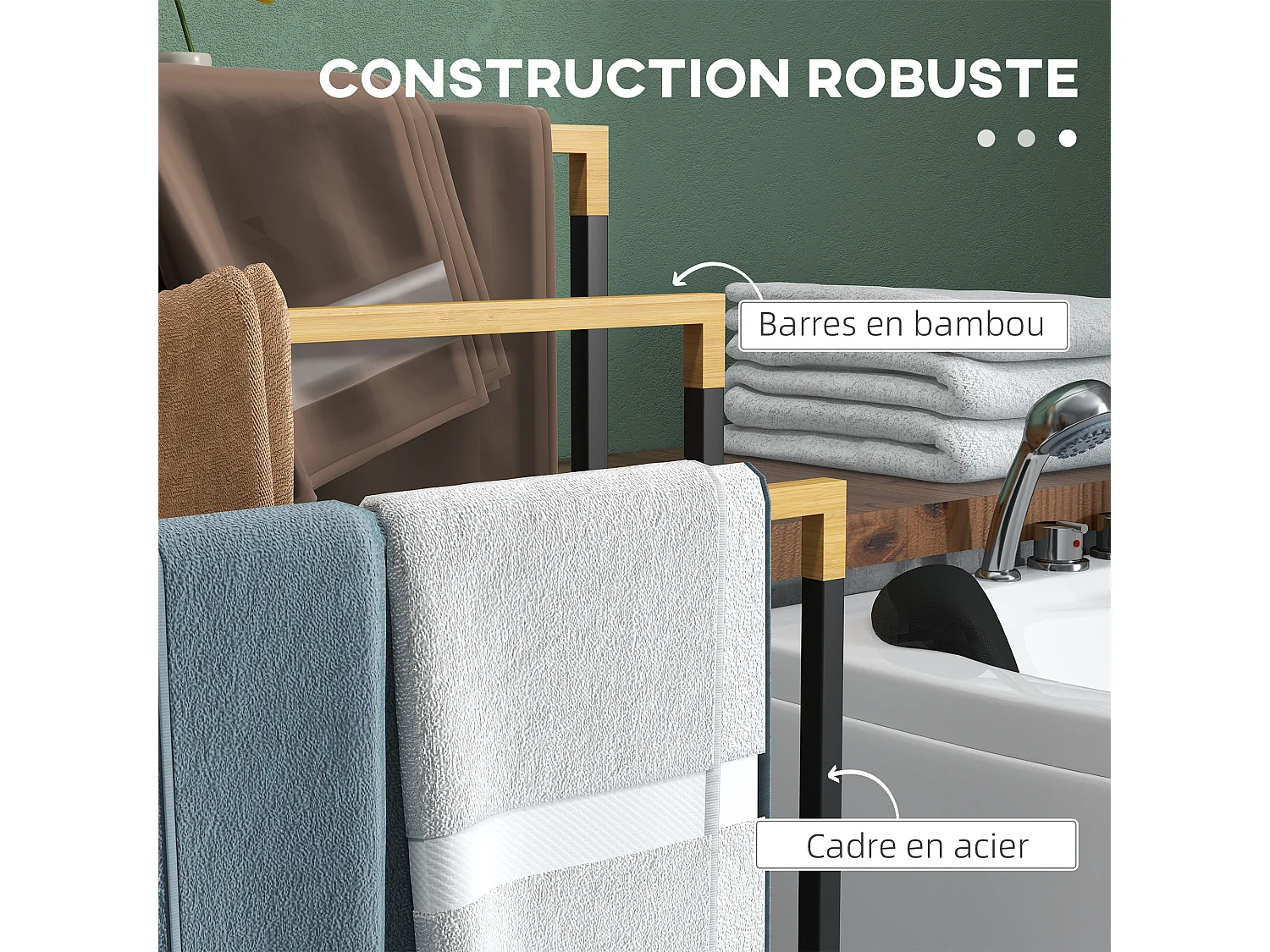 Porte-serviette autoportant 3 barres - dim. 45L x 22l x 86H cm - bois bambou acier noir