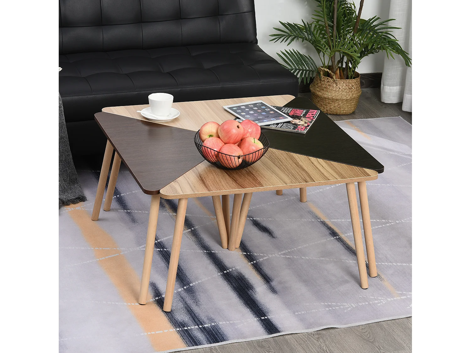 Lot de 4 Tables Basses Gigognes Table de Salon Triangle Bois 80 x 80 x 42,5 cm Multi-Couleurs