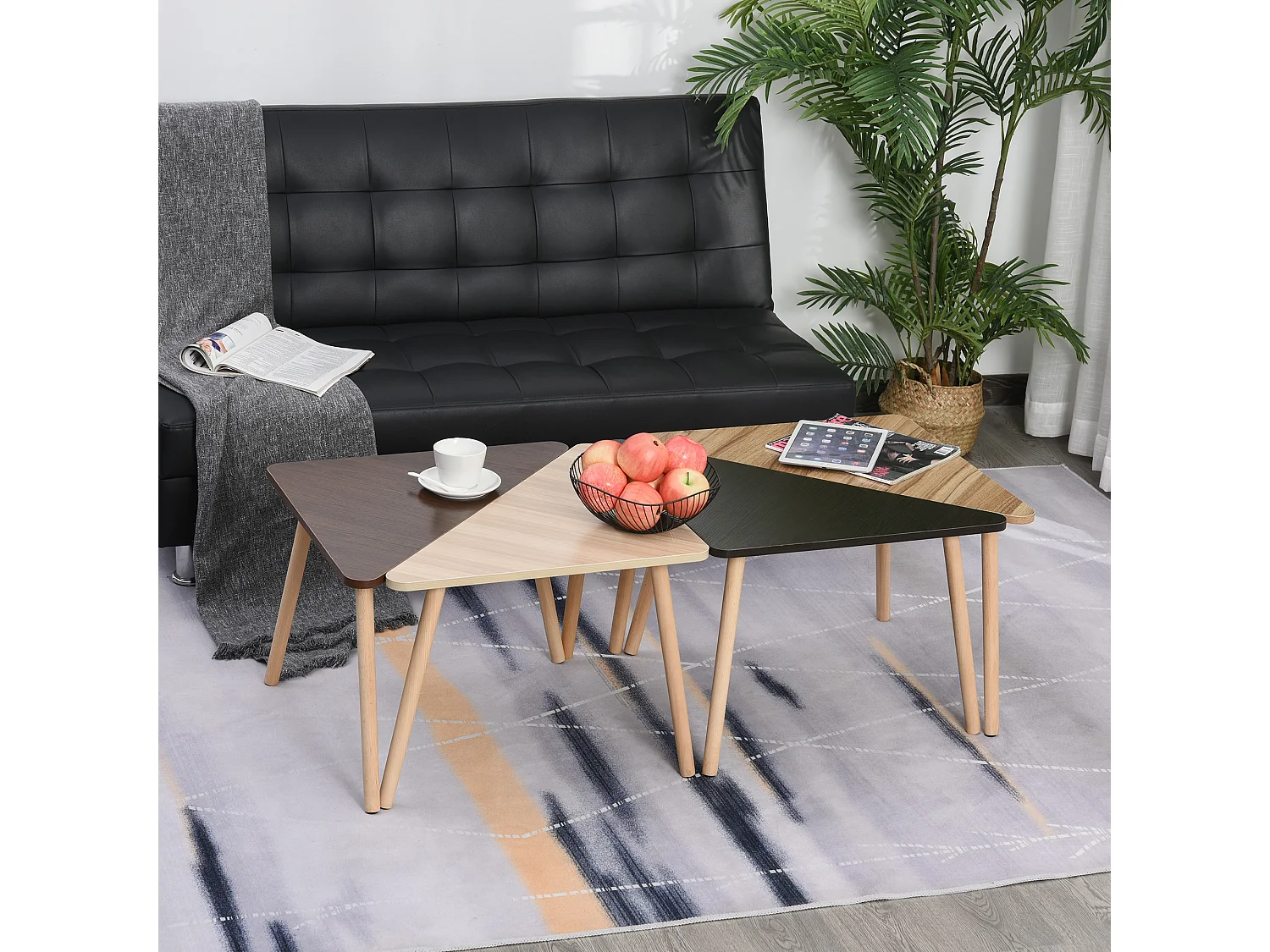 Lot de 4 Tables Basses Gigognes Table de Salon Triangle Bois 80 x 80 x 42,5 cm Multi-Couleurs