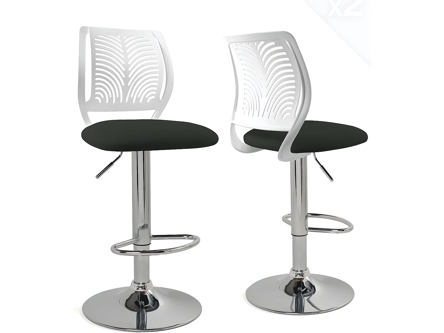 Lot 2 Chaises de Bar Coussin Simili, Pivotant Hauteur Réglable SAWA (Blanc Noir)