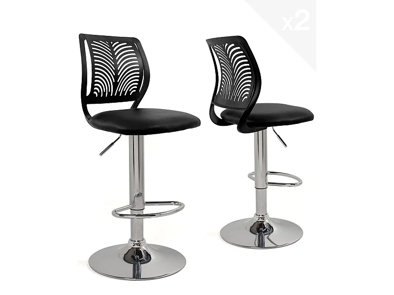 Lot 2 Chaises de Bar Coussin Simili, Pivotant Hauteur Réglable SAWA (Noir)