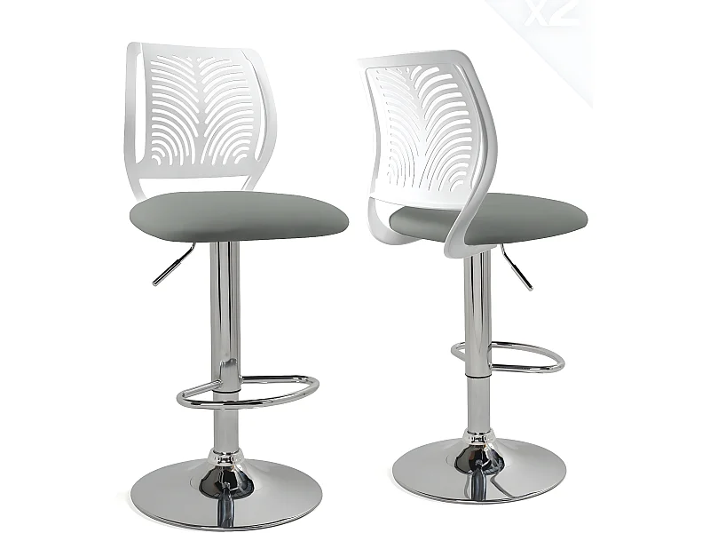 Lot 2 Chaises de Bar Coussin Simili, Pivotant Hauteur Réglable SAWA (Blanc Gris)