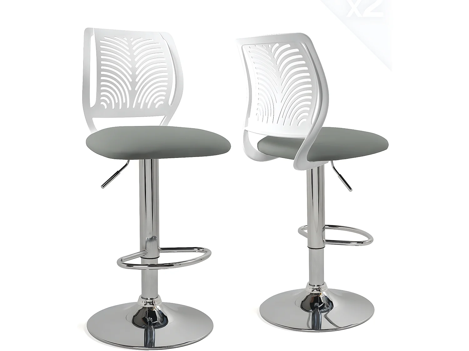 Lot 2 Chaises de Bar Coussin Simili, Pivotant Hauteur Réglable SAWA (Blanc Gris)