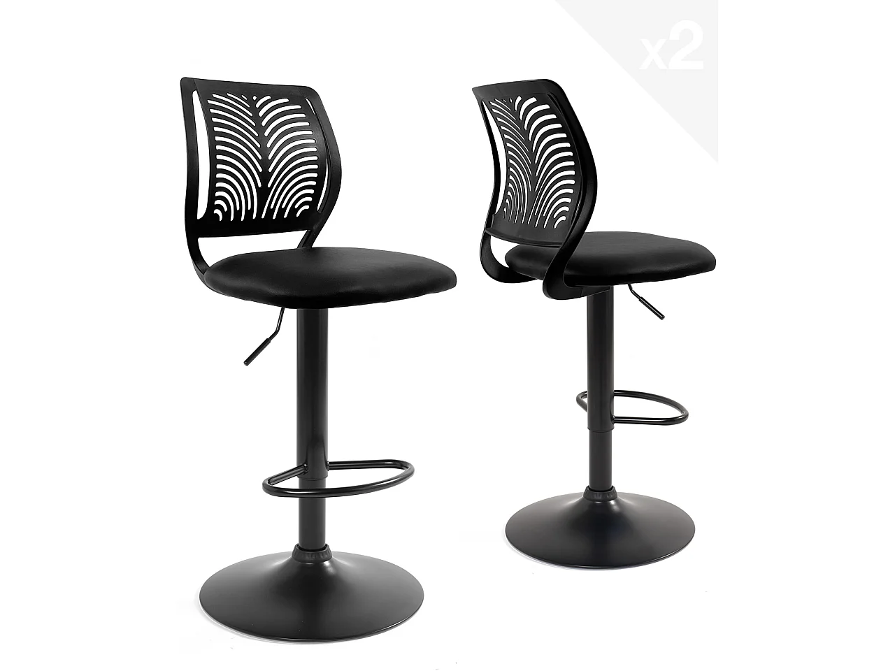 Lot 2 Chaises de Bar Coussin Simili, Pivotant Hauteur Réglable SAWA (Noir Intégral)