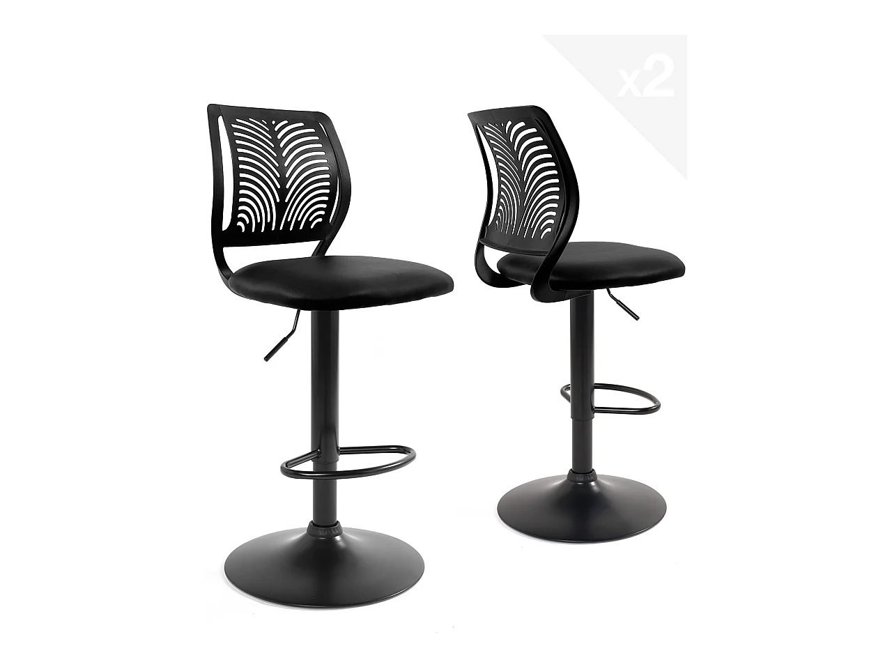 Lot 2 Chaises de Bar Coussin Simili, Pivotant Hauteur Réglable SAWA (Noir Intégral)