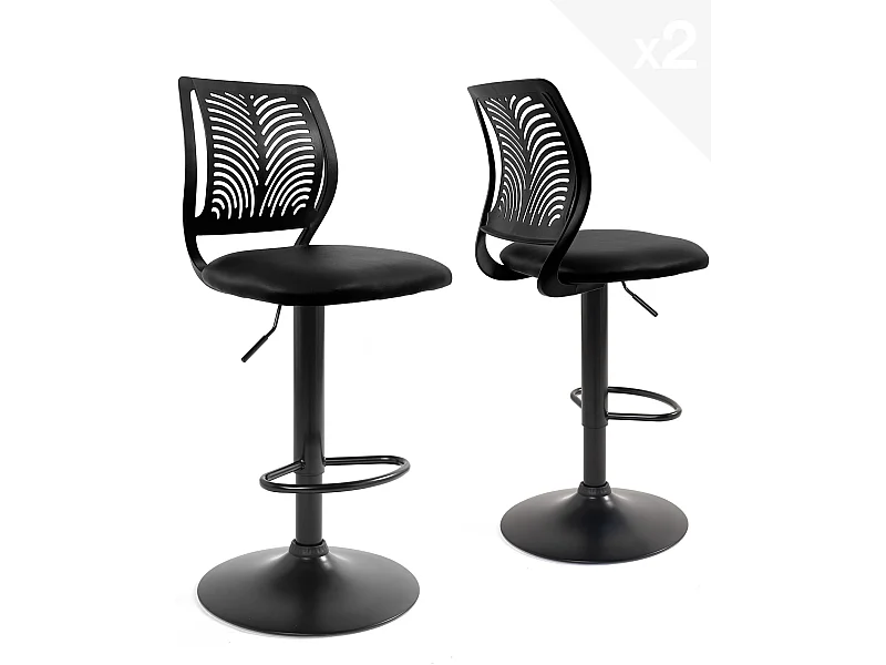 Lot 2 Chaises de Bar Coussin Simili, Pivotant Hauteur Réglable SAWA (Noir Intégral)