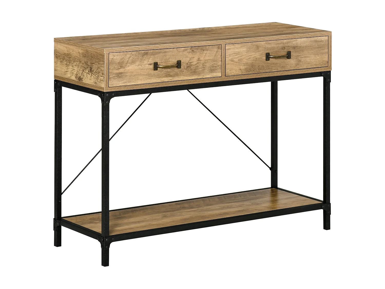 Console table d'appoint design industriel dim. 100L x 35l x 76H cm 2 tiroirs poignées laiton vieilli étagère métal noir aspect bois veinage