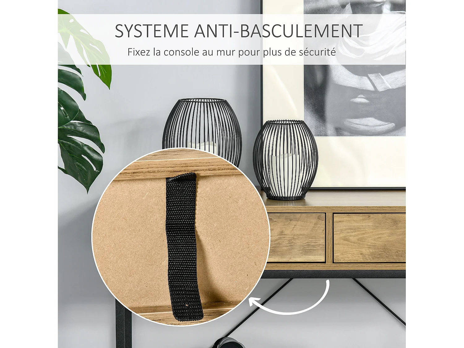 Console table d'appoint design industriel dim. 100L x 35l x 76H cm 2 tiroirs poignées laiton vieilli étagère métal noir aspect bois veinage