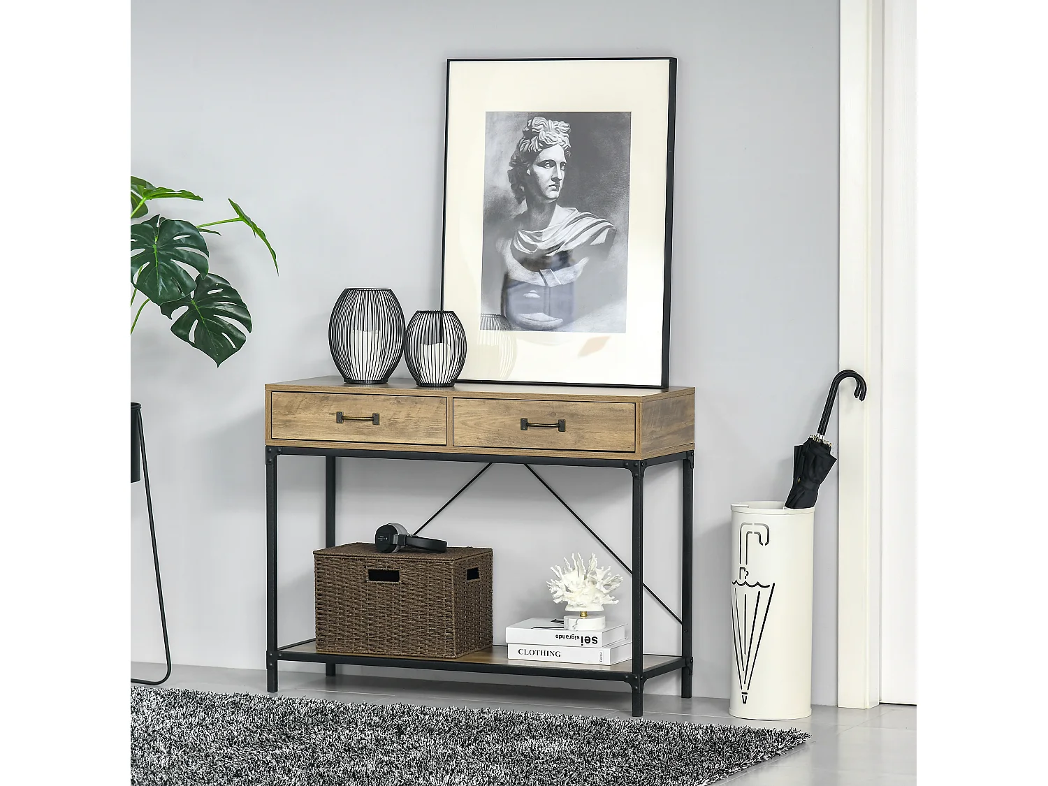 Console table d'appoint design industriel dim. 100L x 35l x 76H cm 2 tiroirs poignées laiton vieilli étagère métal noir aspect bois veinage
