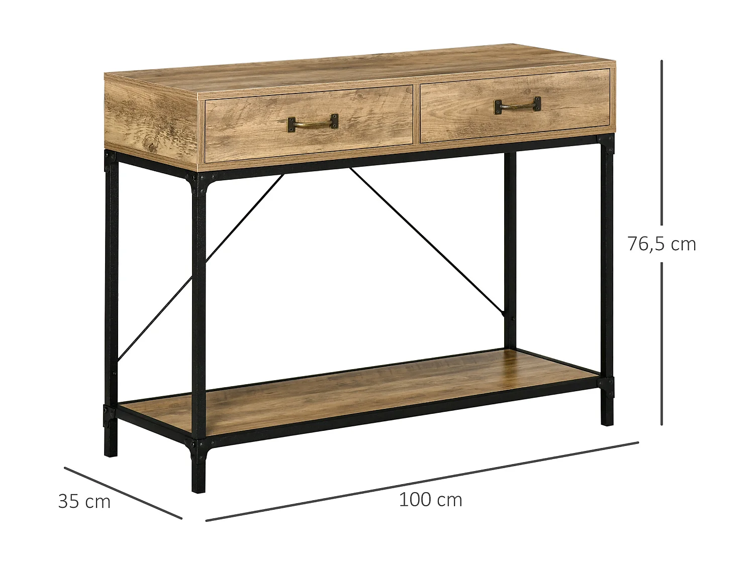 Console table d'appoint design industriel dim. 100L x 35l x 76H cm 2 tiroirs poignées laiton vieilli étagère métal noir aspect bois veinage