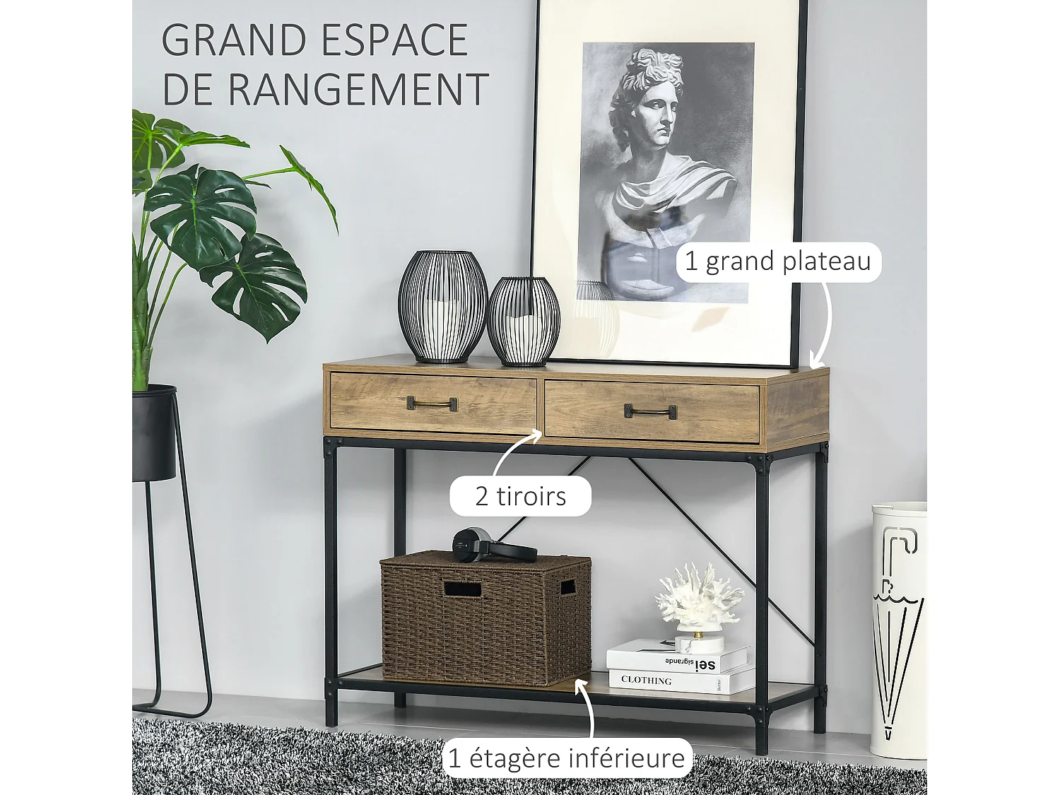 Console table d'appoint design industriel dim. 100L x 35l x 76H cm 2 tiroirs poignées laiton vieilli étagère métal noir aspect bois veinage
