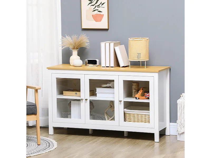 Buffet bas style classique chic - 3 portes vitrine verre, 2 étagères réglables - verre MDF panneaux blanc aspect bois clair