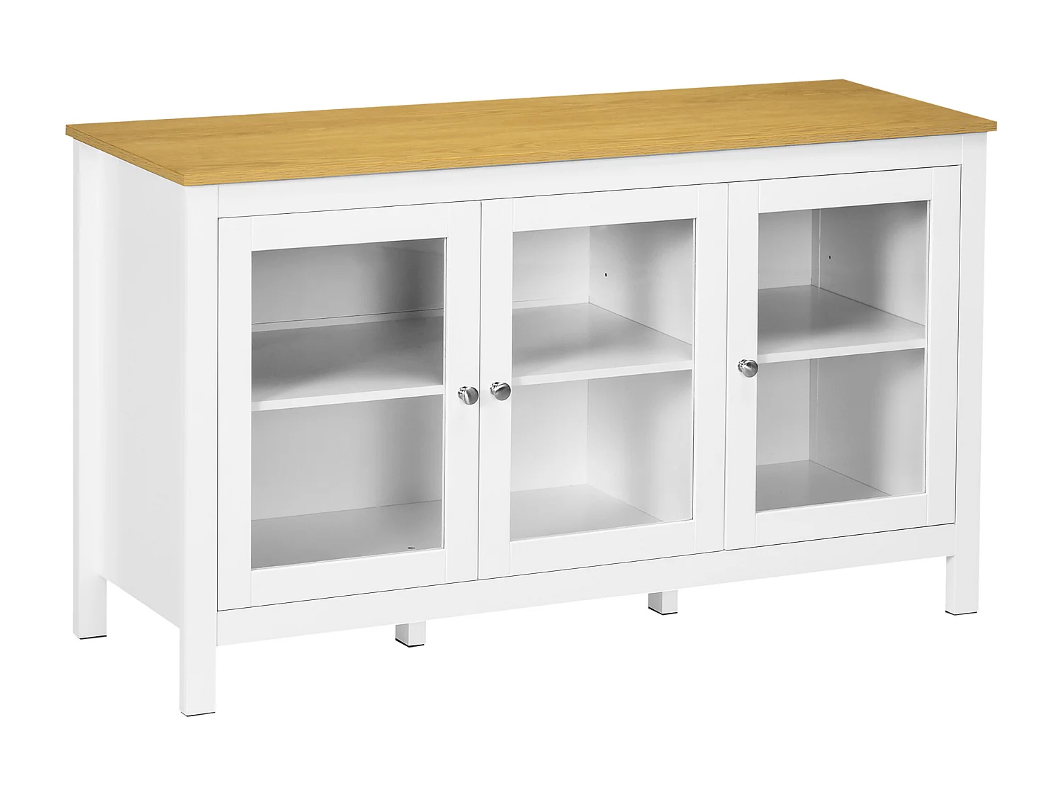 Buffet bas style classique chic - 3 portes vitrine verre, 2 étagères réglables - verre MDF panneaux blanc aspect bois clair