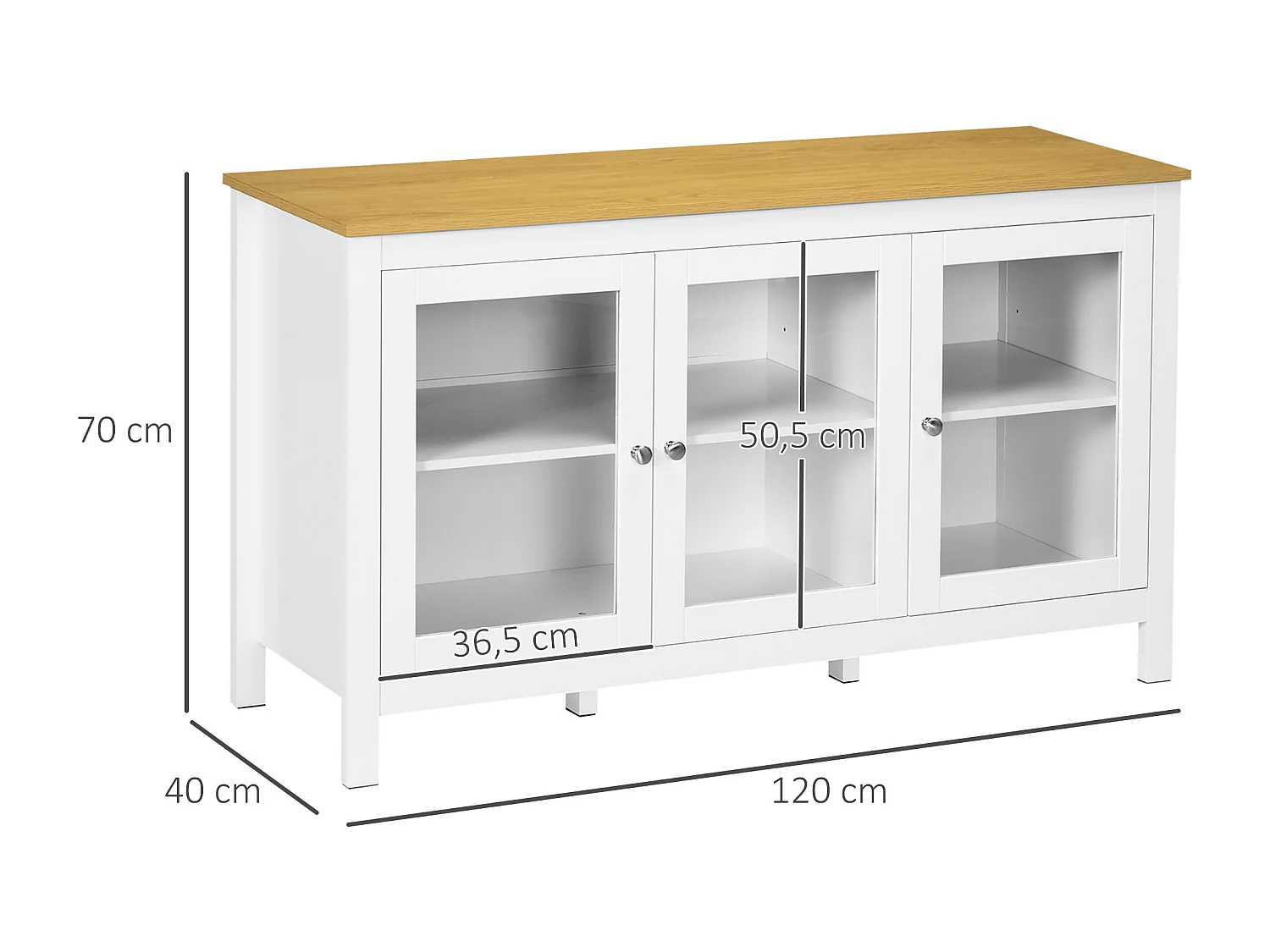 Buffet bas style classique chic - 3 portes vitrine verre, 2 étagères réglables - verre MDF panneaux blanc aspect bois clair