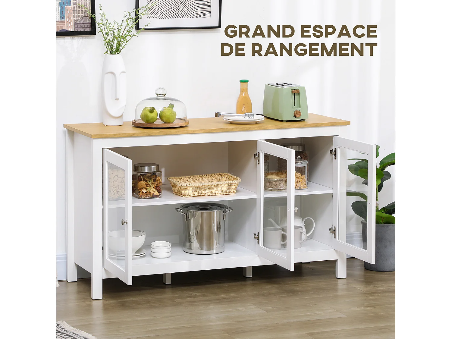 Buffet bas style classique chic - 3 portes vitrine verre, 2 étagères réglables - verre MDF panneaux blanc aspect bois clair