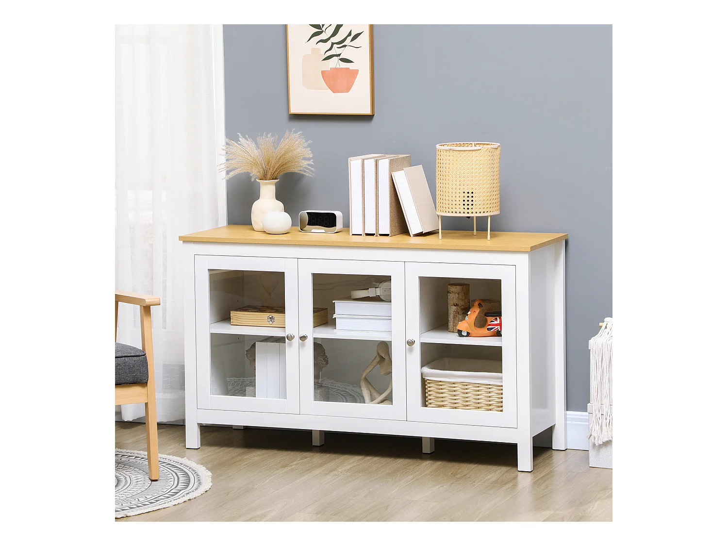 Buffet bas style classique chic - 3 portes vitrine verre, 2 étagères réglables - verre MDF panneaux blanc aspect bois clair