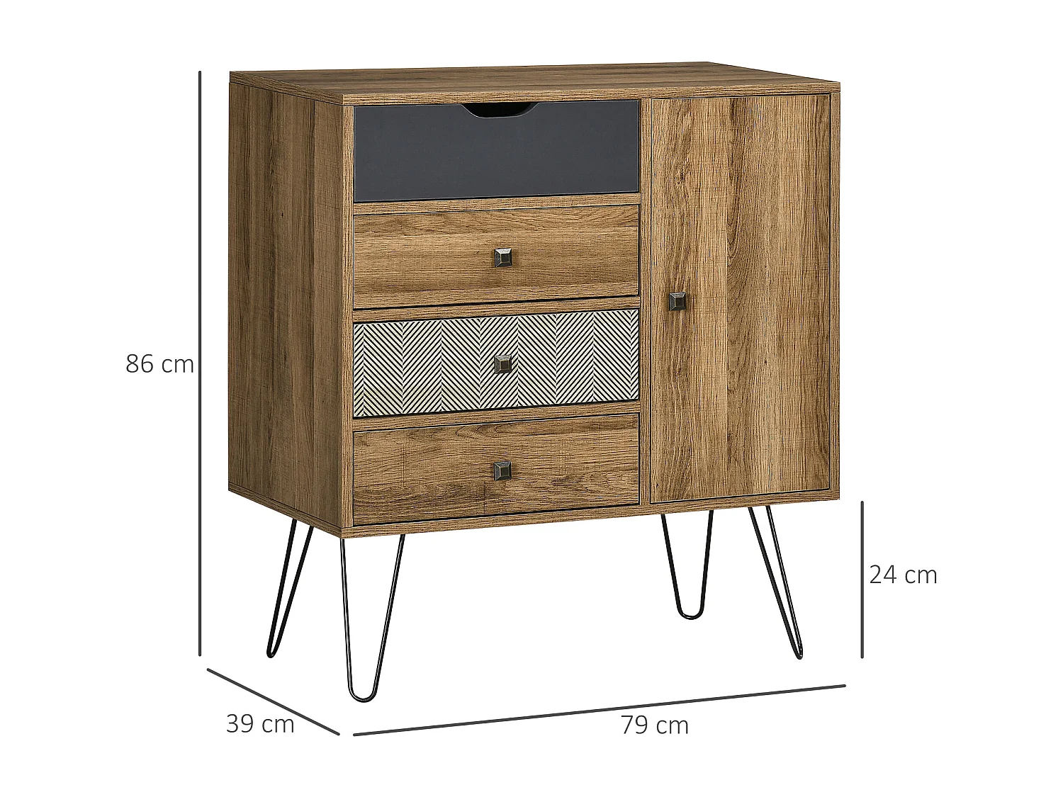 Buffet style industriel motif graphique - porte, étagère, 4 tiroirs - piètement épingle métal noir aspect bois