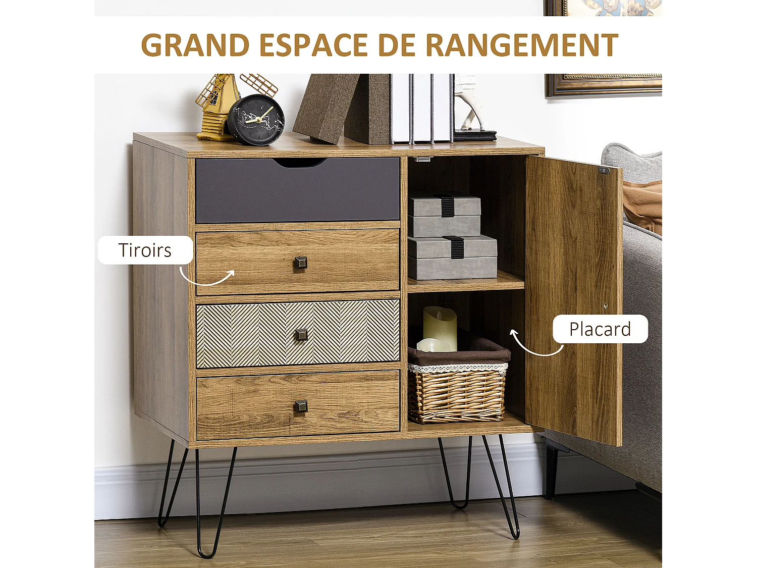 Buffet style industriel motif graphique - porte, étagère, 4 tiroirs - piètement épingle métal noir aspect bois