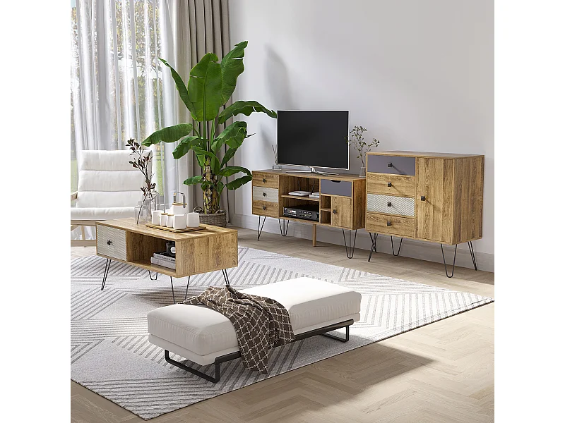 Buffet style industriel motif graphique - porte, étagère, 4 tiroirs - piètement épingle métal noir aspect bois