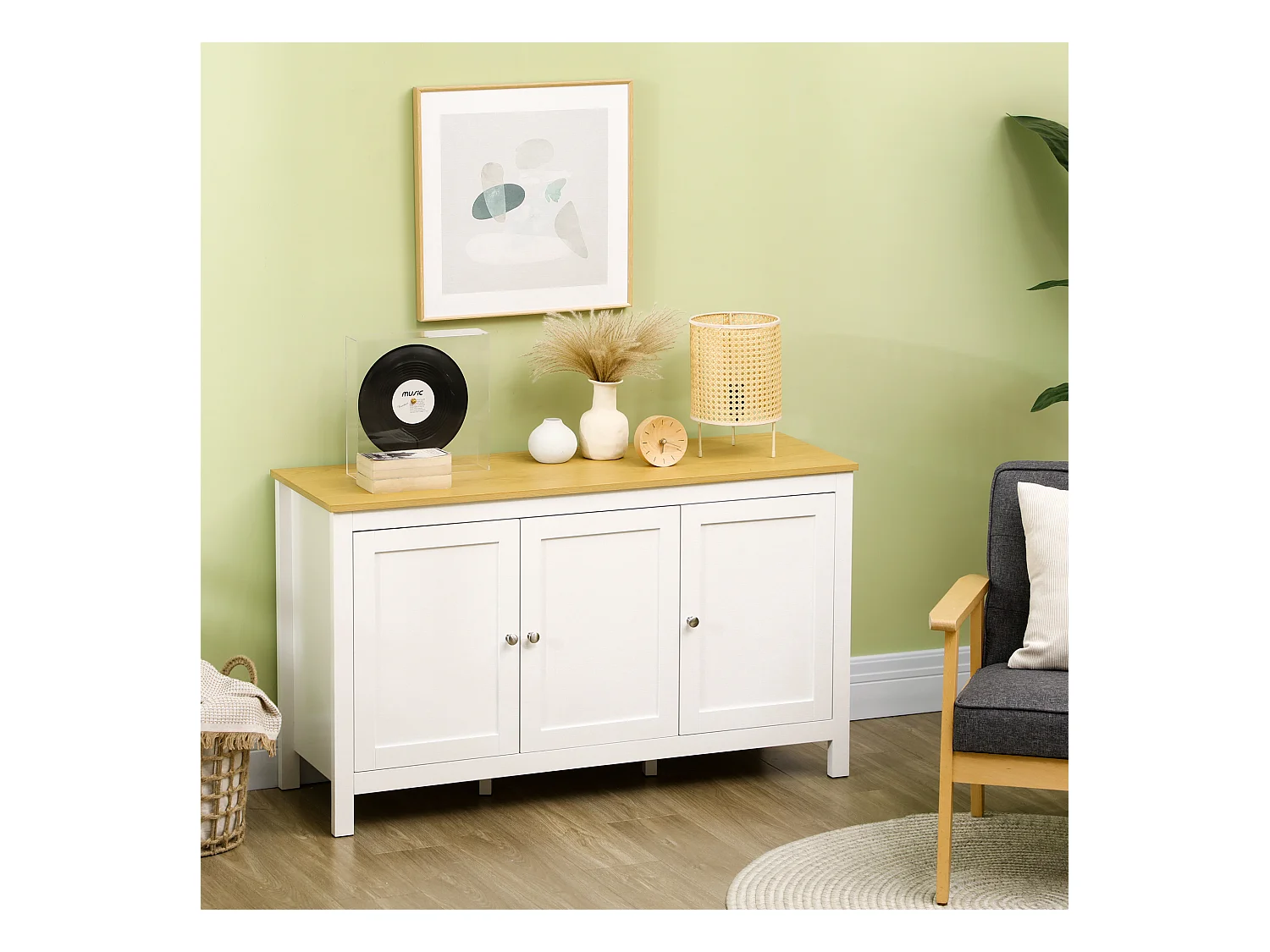 Buffet bas style classique chic - 3 portes, 2 étagères réglables - MDF panneaux blanc aspect bois clair