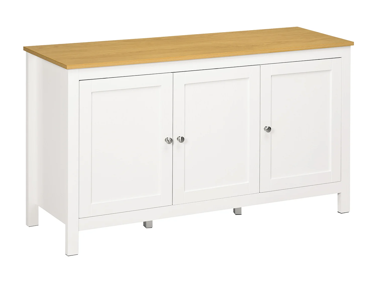Buffet bas style classique chic - 3 portes, 2 étagères réglables - MDF panneaux blanc aspect bois clair