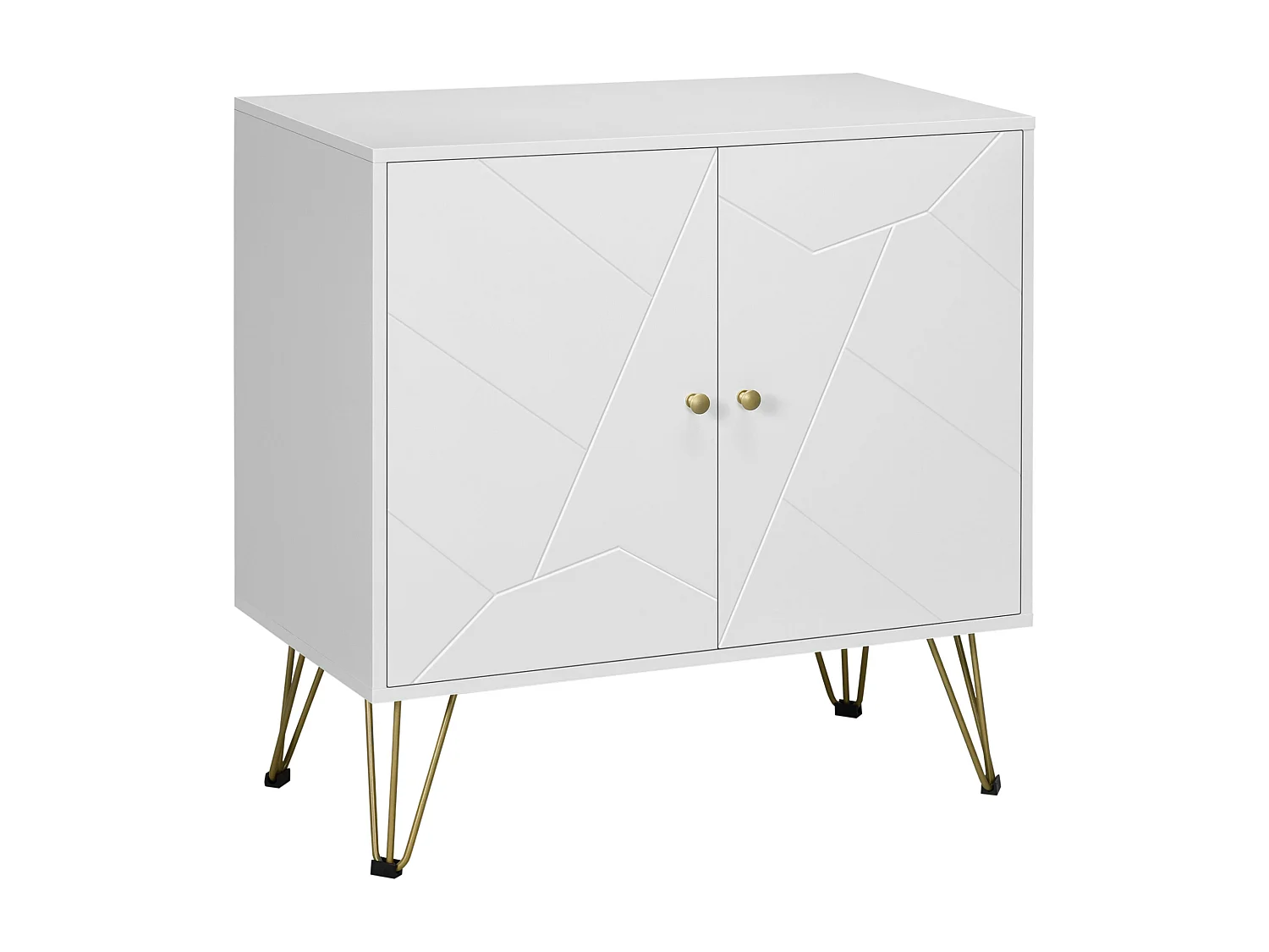 Buffet 2 portes 2 étagères style Art déco motif graphique piètement épingle poignées métal doré MDF blanc