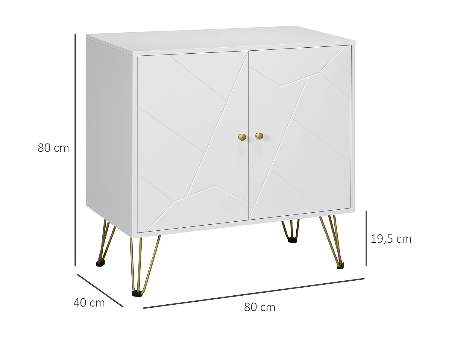 Buffet 2 portes 2 étagères style Art déco motif graphique piètement épingle poignées métal doré MDF blanc