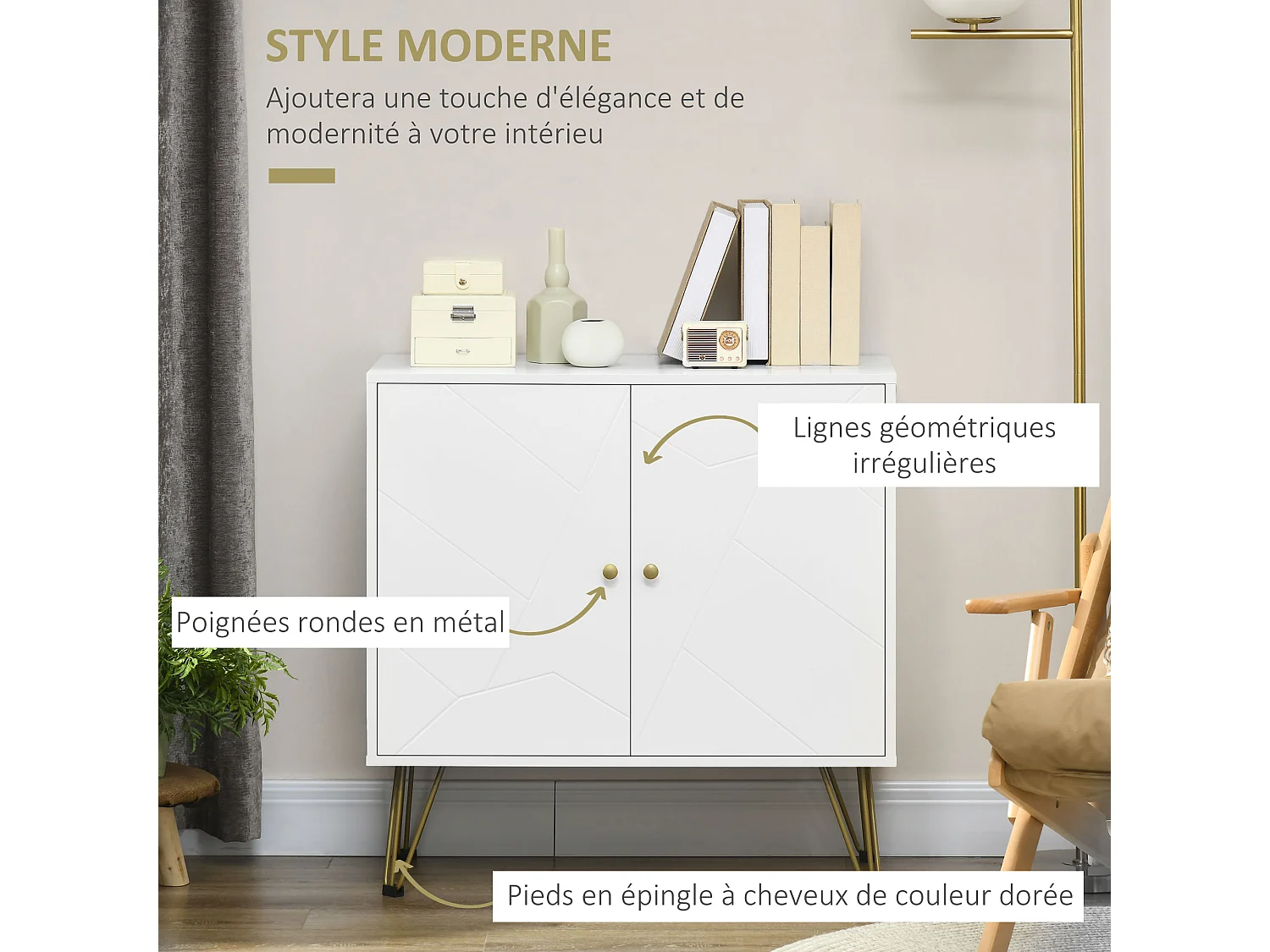Buffet 2 portes 2 étagères style Art déco motif graphique piètement épingle poignées métal doré MDF blanc