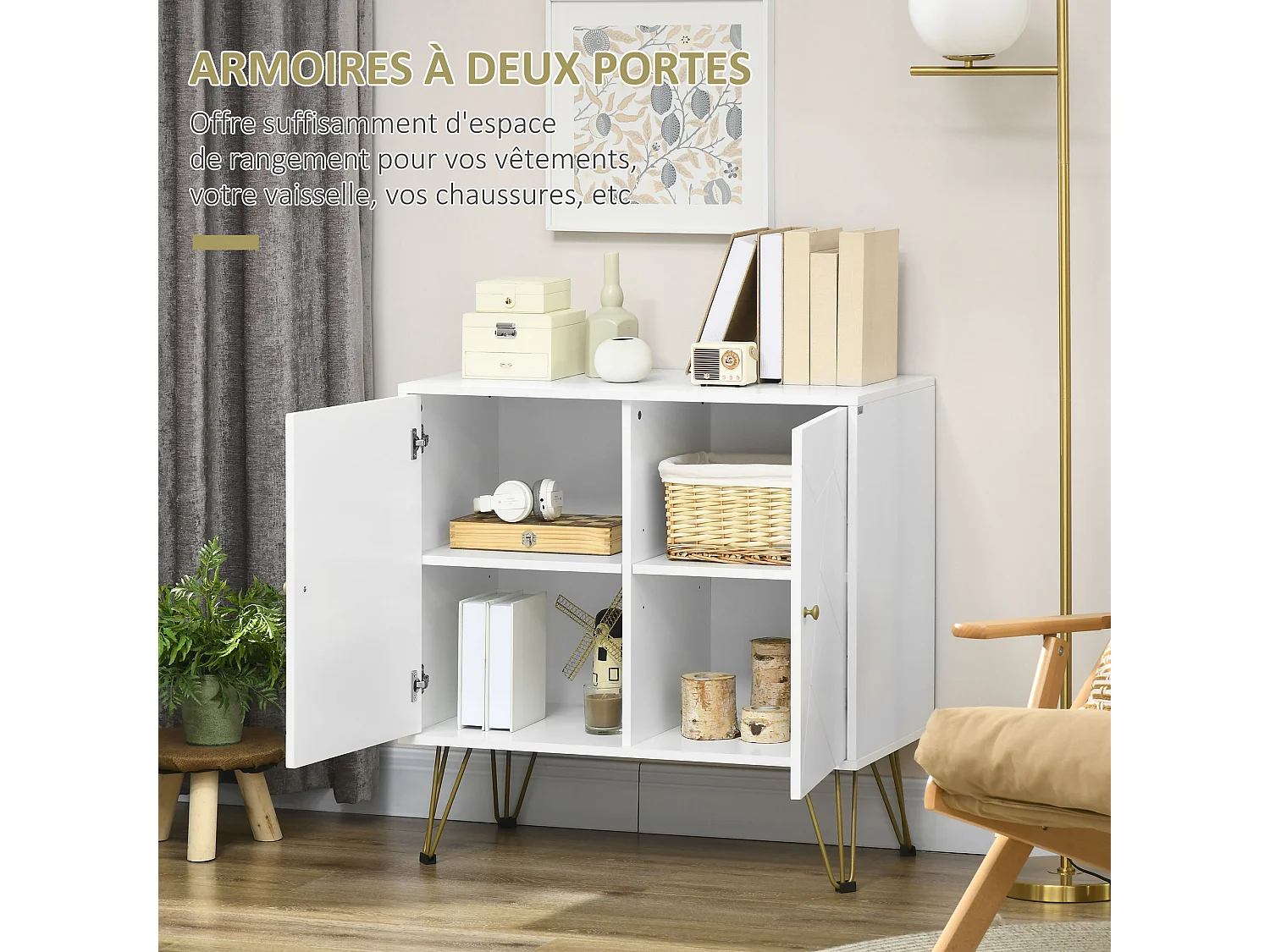 Buffet 2 portes 2 étagères style Art déco motif graphique piètement épingle poignées métal doré MDF blanc