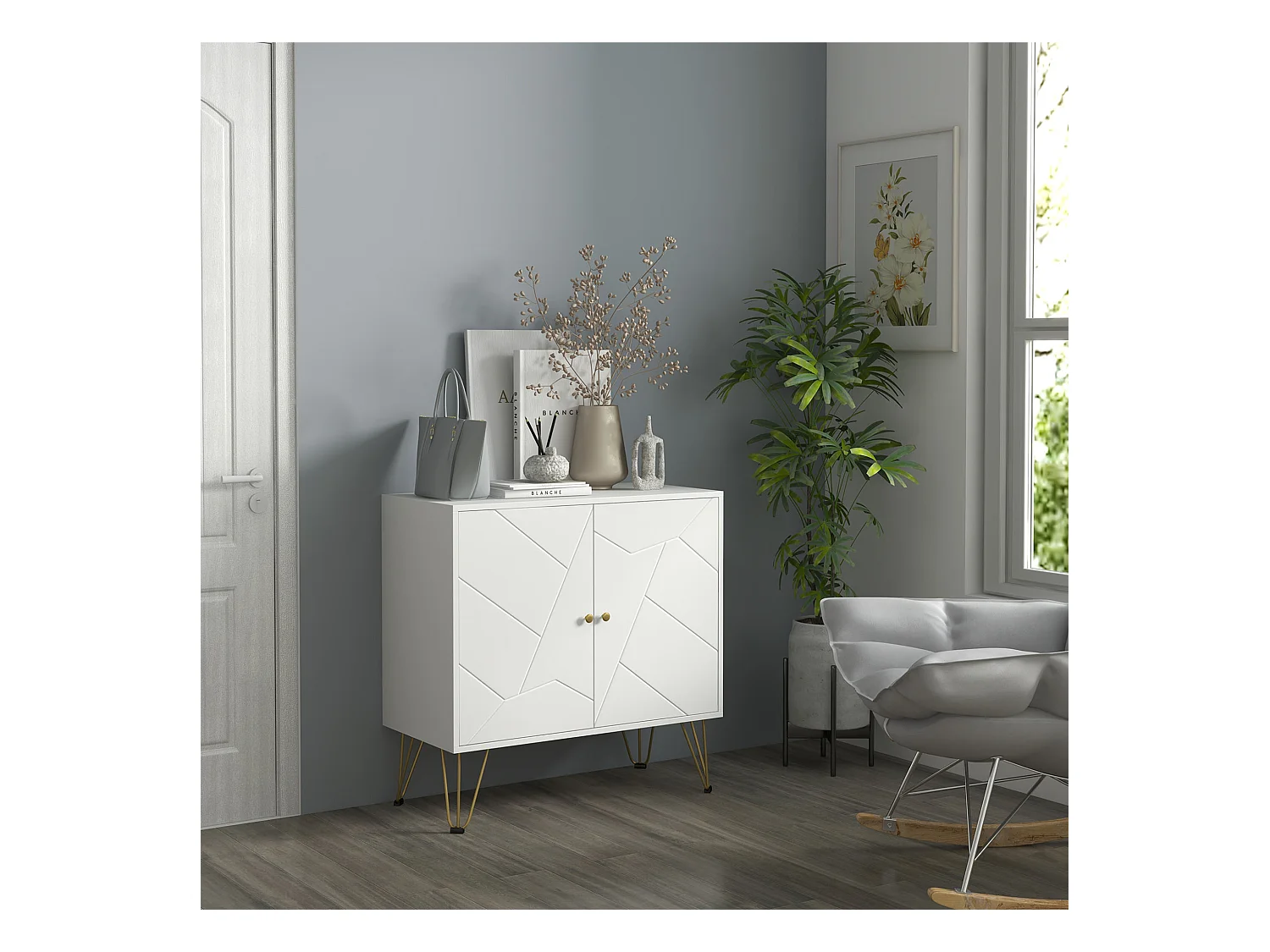 Buffet 2 portes 2 étagères style Art déco motif graphique piètement épingle poignées métal doré MDF blanc