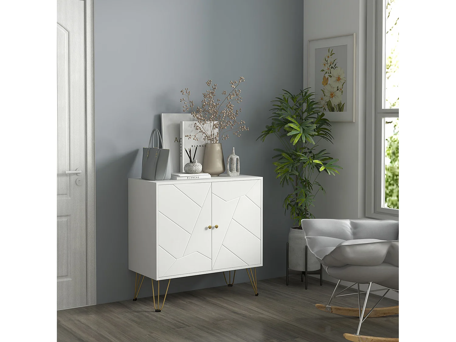 Buffet 2 portes 2 étagères style Art déco motif graphique piètement épingle poignées métal doré MDF blanc
