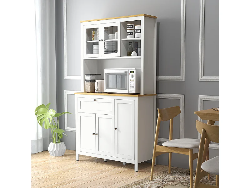 Buffet haut style classique chic - multi-rangement placards, niches, tiroir - panneaux blanc aspect bois clair