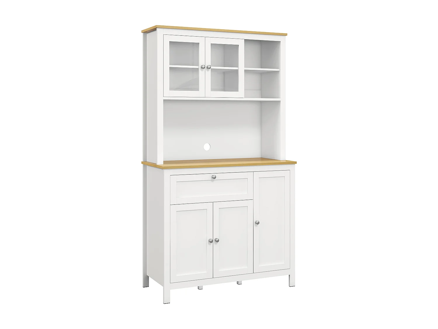 Buffet haut style classique chic - multi-rangement placards, niches, tiroir - panneaux blanc aspect bois clair