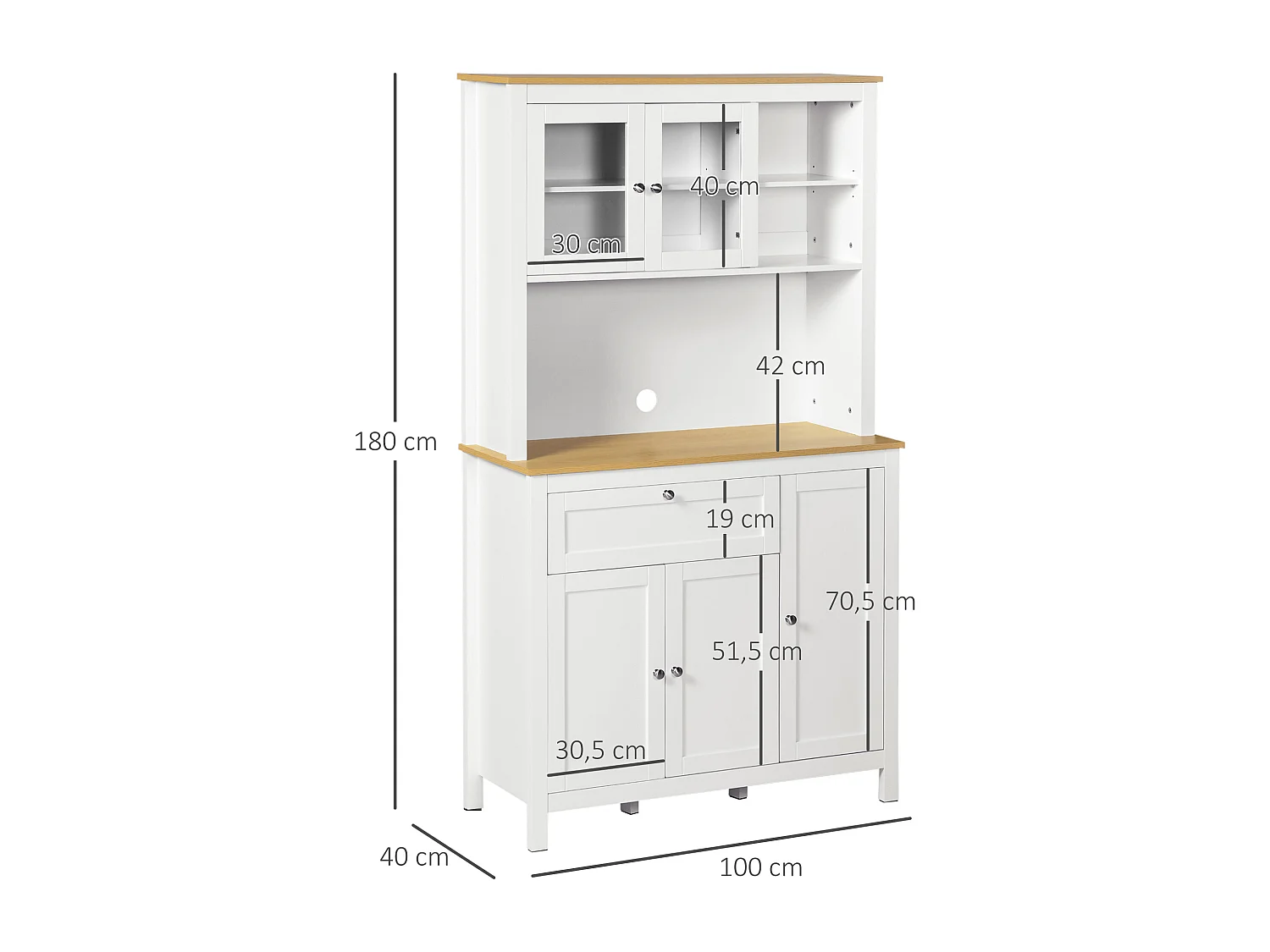 Buffet haut style classique chic - multi-rangement placards, niches, tiroir - panneaux blanc aspect bois clair