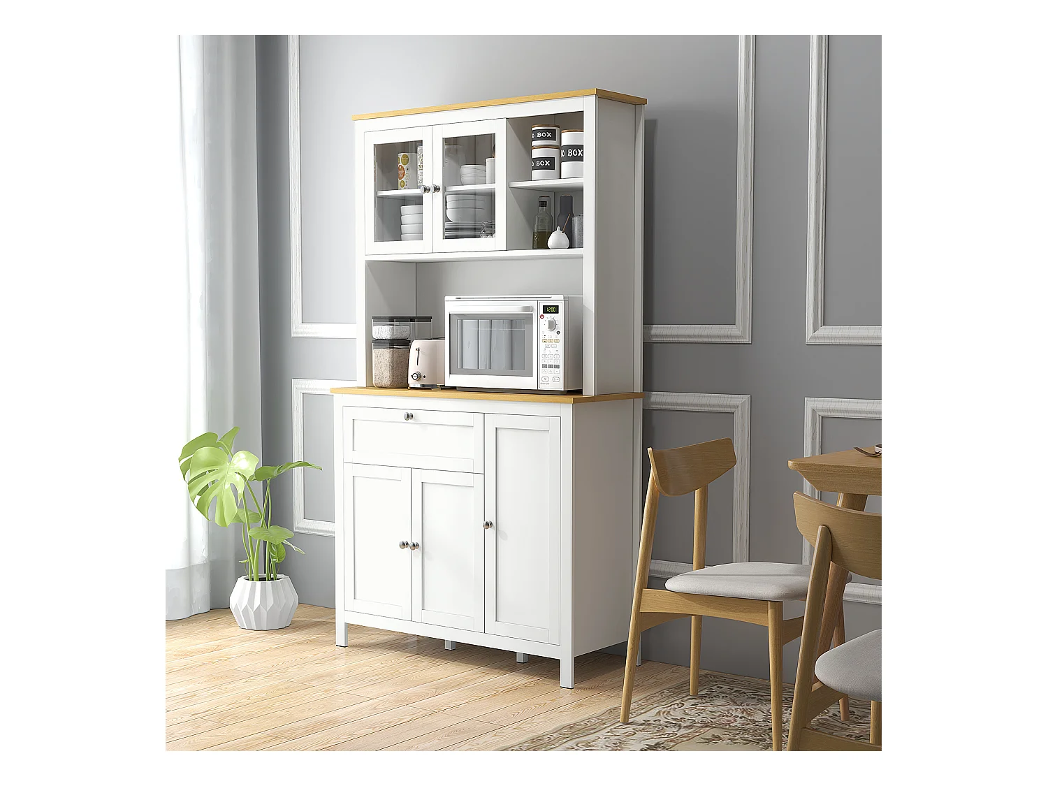 Buffet haut style classique chic - multi-rangement placards, niches, tiroir - panneaux blanc aspect bois clair