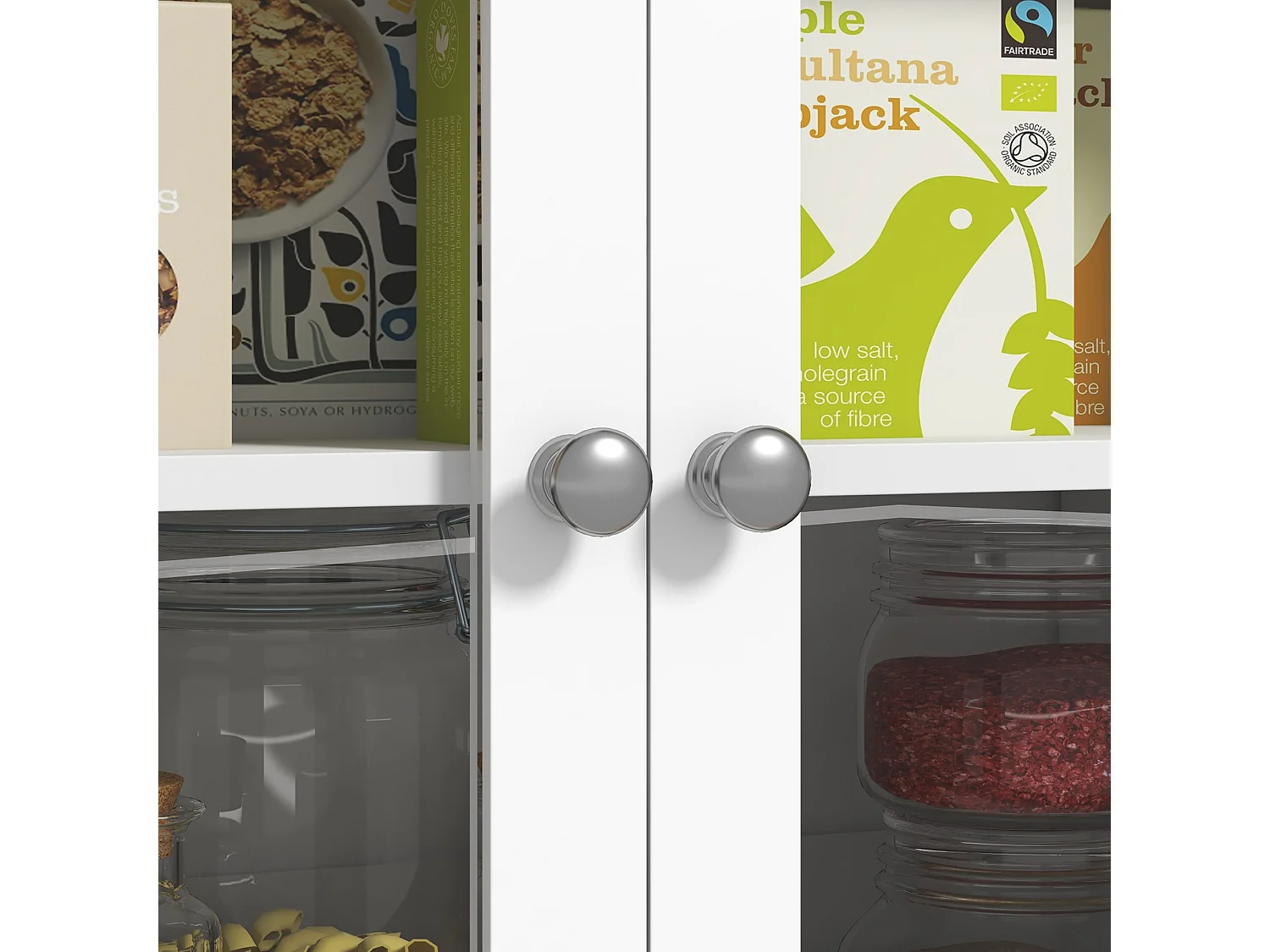 Buffet haut style classique chic - multi-rangement placards, niches, tiroir - panneaux blanc aspect bois clair