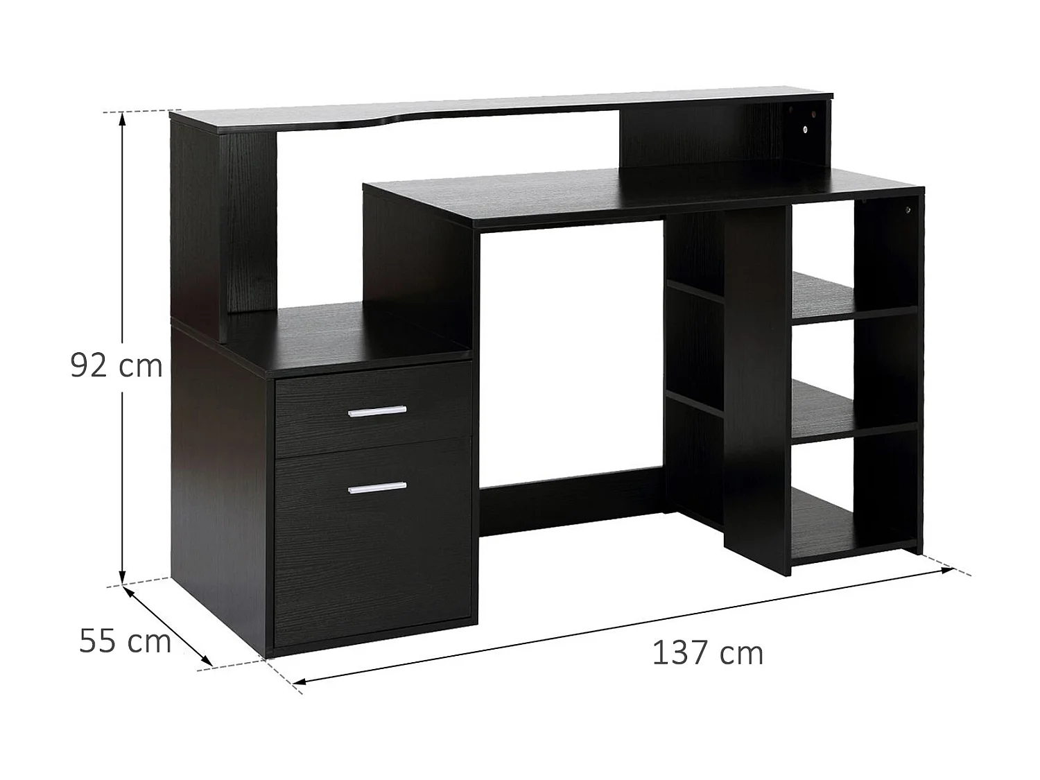 Bureau informatique multimédia design multi-rangement dim. 137 x 55 x 92 cm noir