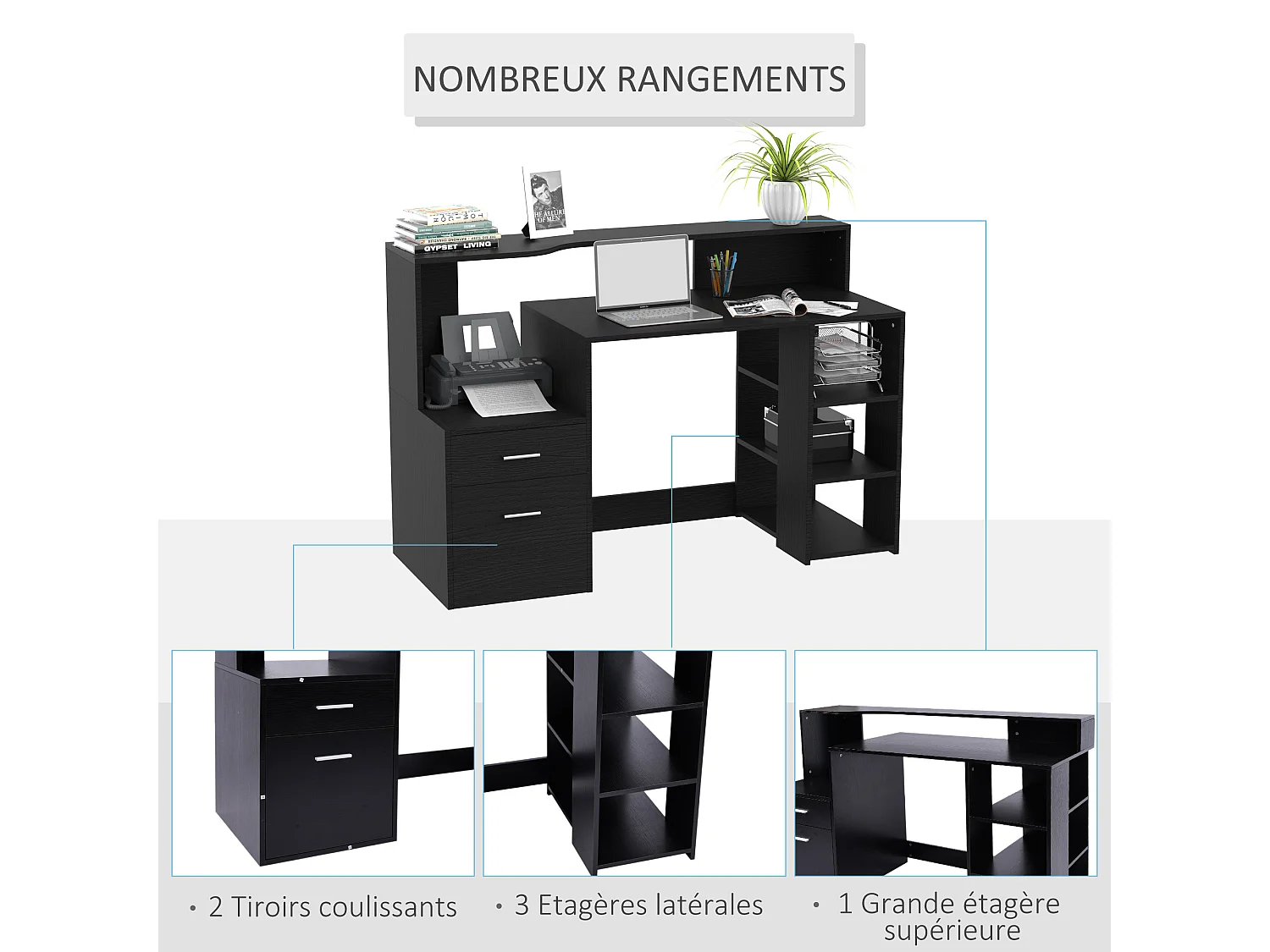 Bureau informatique multimédia design multi-rangement dim. 137 x 55 x 92 cm noir
