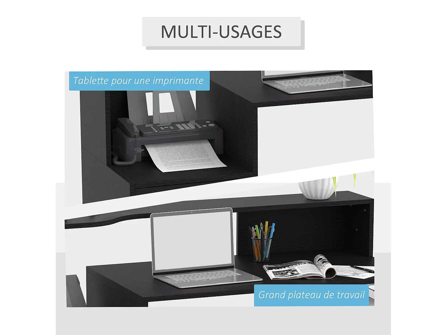 Bureau informatique multimédia design multi-rangement dim. 137 x 55 x 92 cm noir