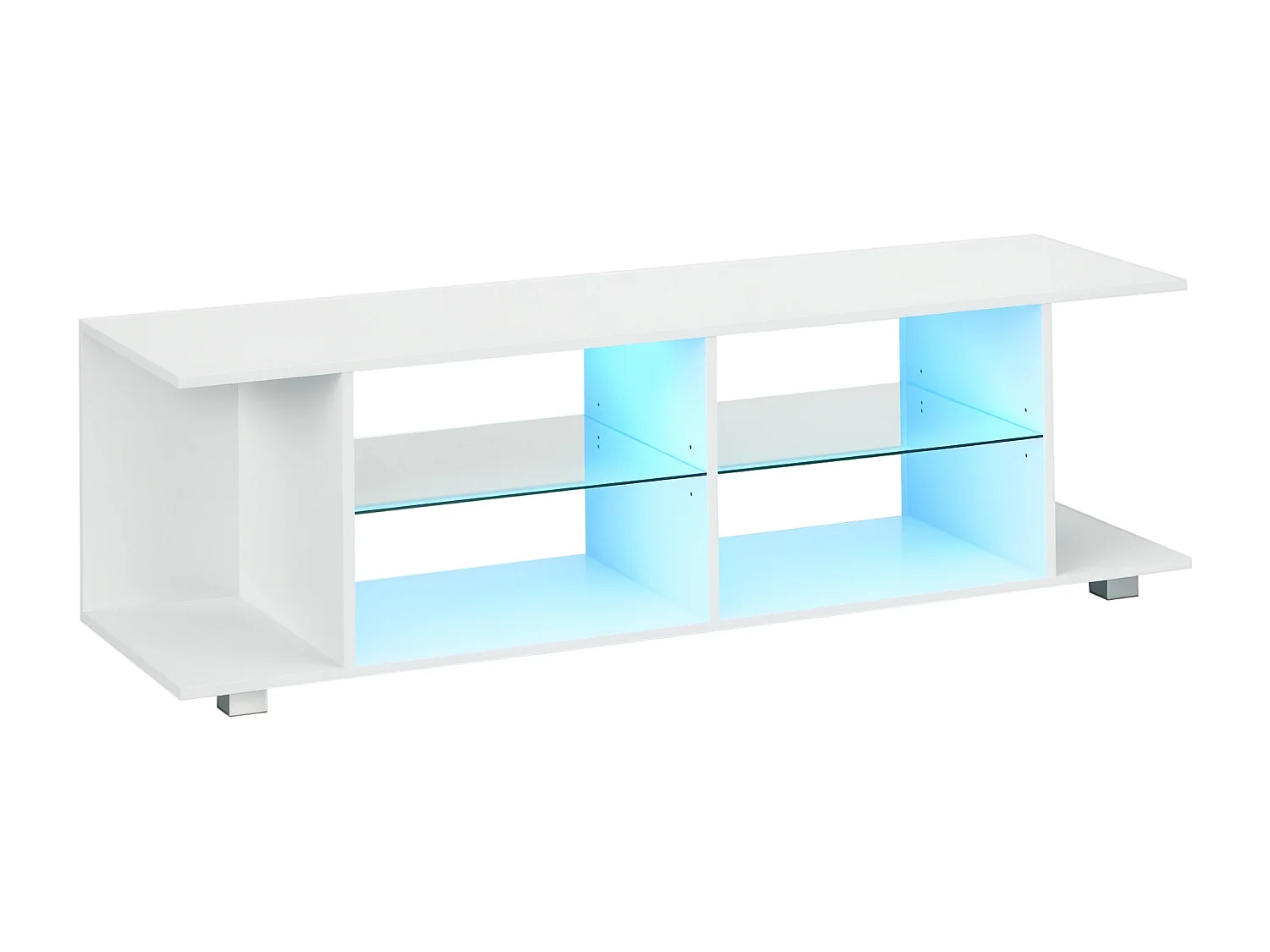 Meuble banc TV sur pieds avec lumières LED - 2 étagères en verre trempé pour télévision jusqu'à 60 pouces style contemporain - 145 x 40 x 45 cm blanc