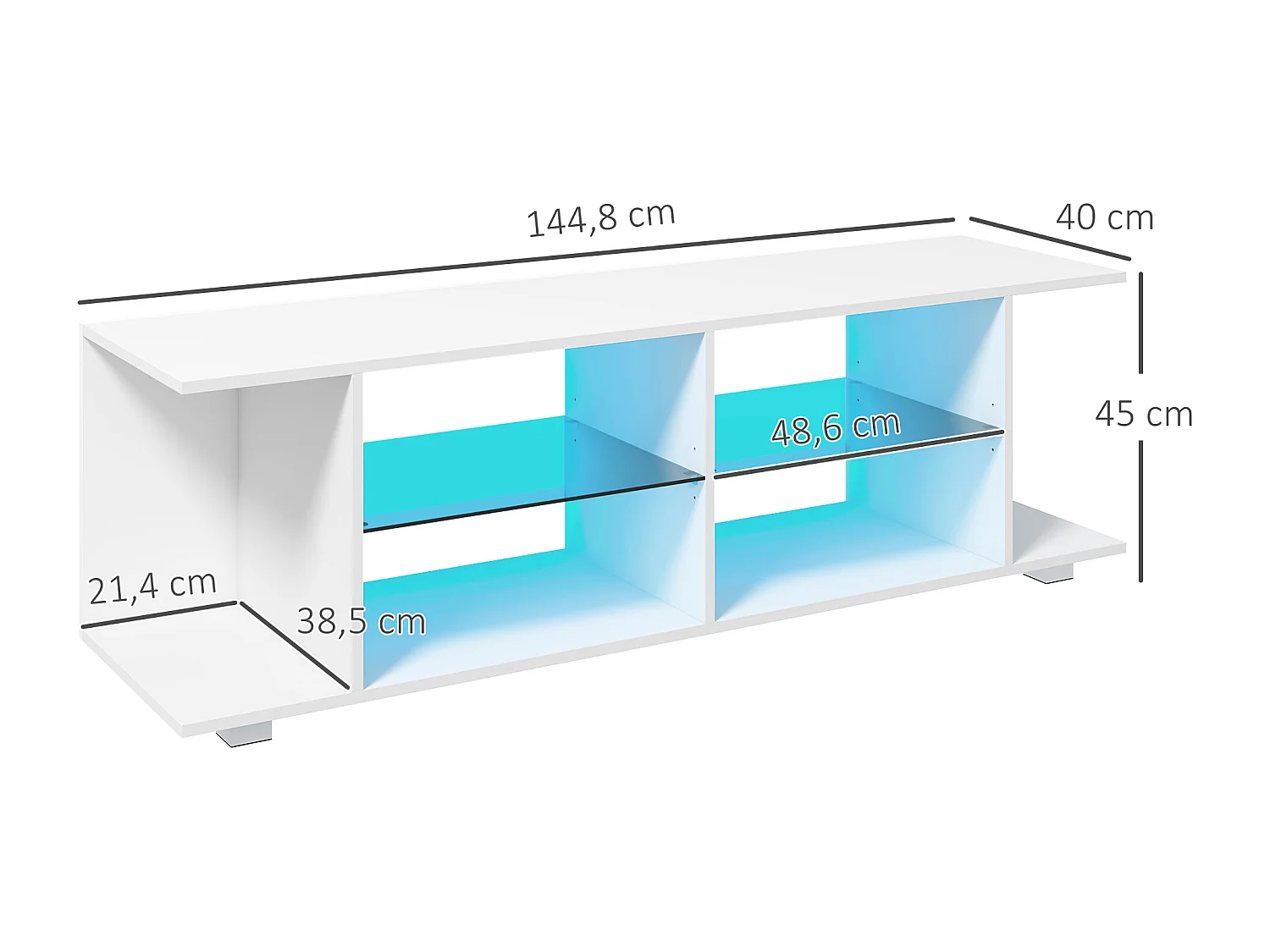 Meuble banc TV sur pieds avec lumières LED - 2 étagères en verre trempé pour télévision jusqu'à 60 pouces style contemporain - 145 x 40 x 45 cm blanc