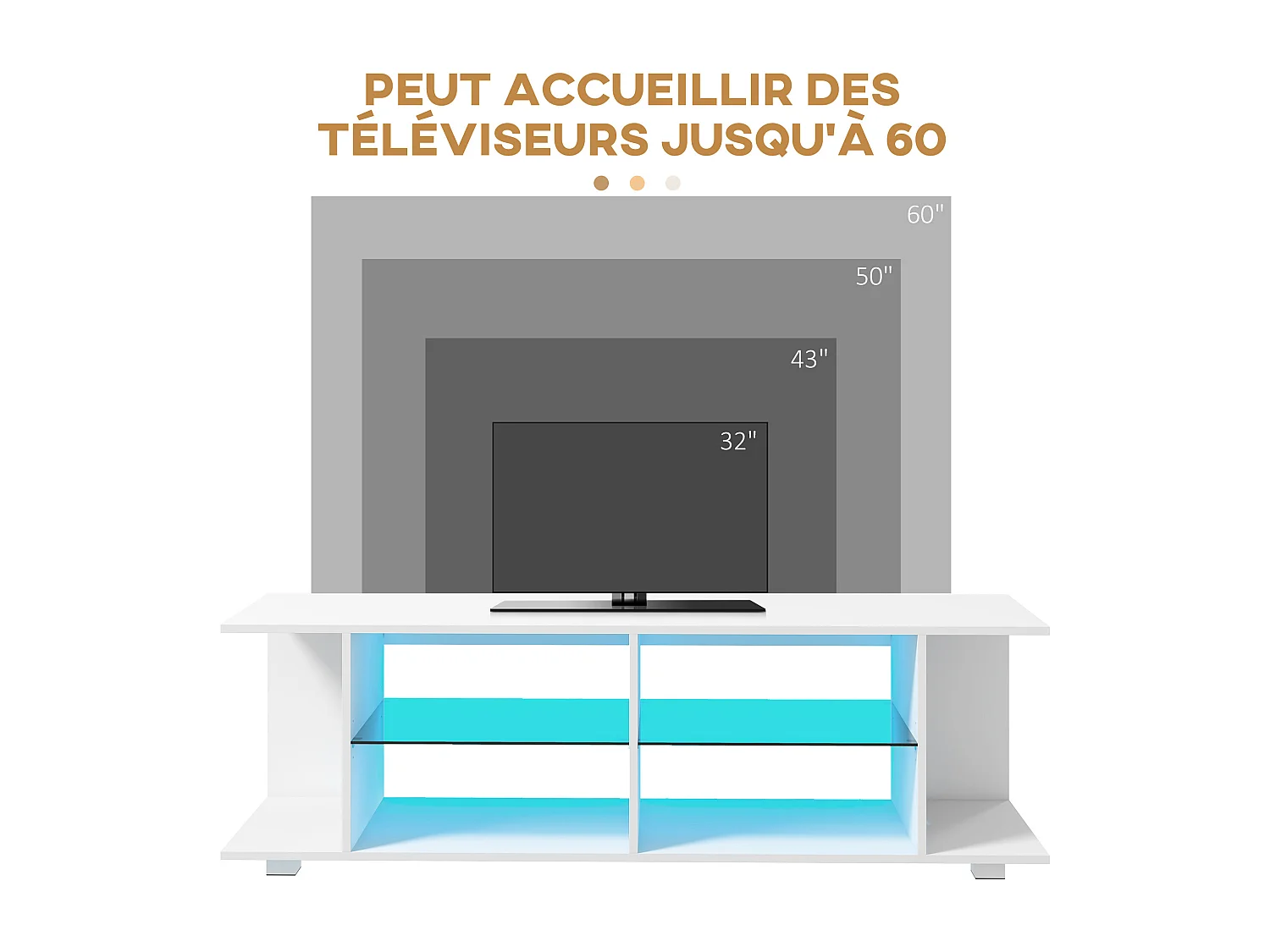 Meuble banc TV sur pieds avec lumières LED - 2 étagères en verre trempé pour télévision jusqu'à 60 pouces style contemporain - 145 x 40 x 45 cm blanc