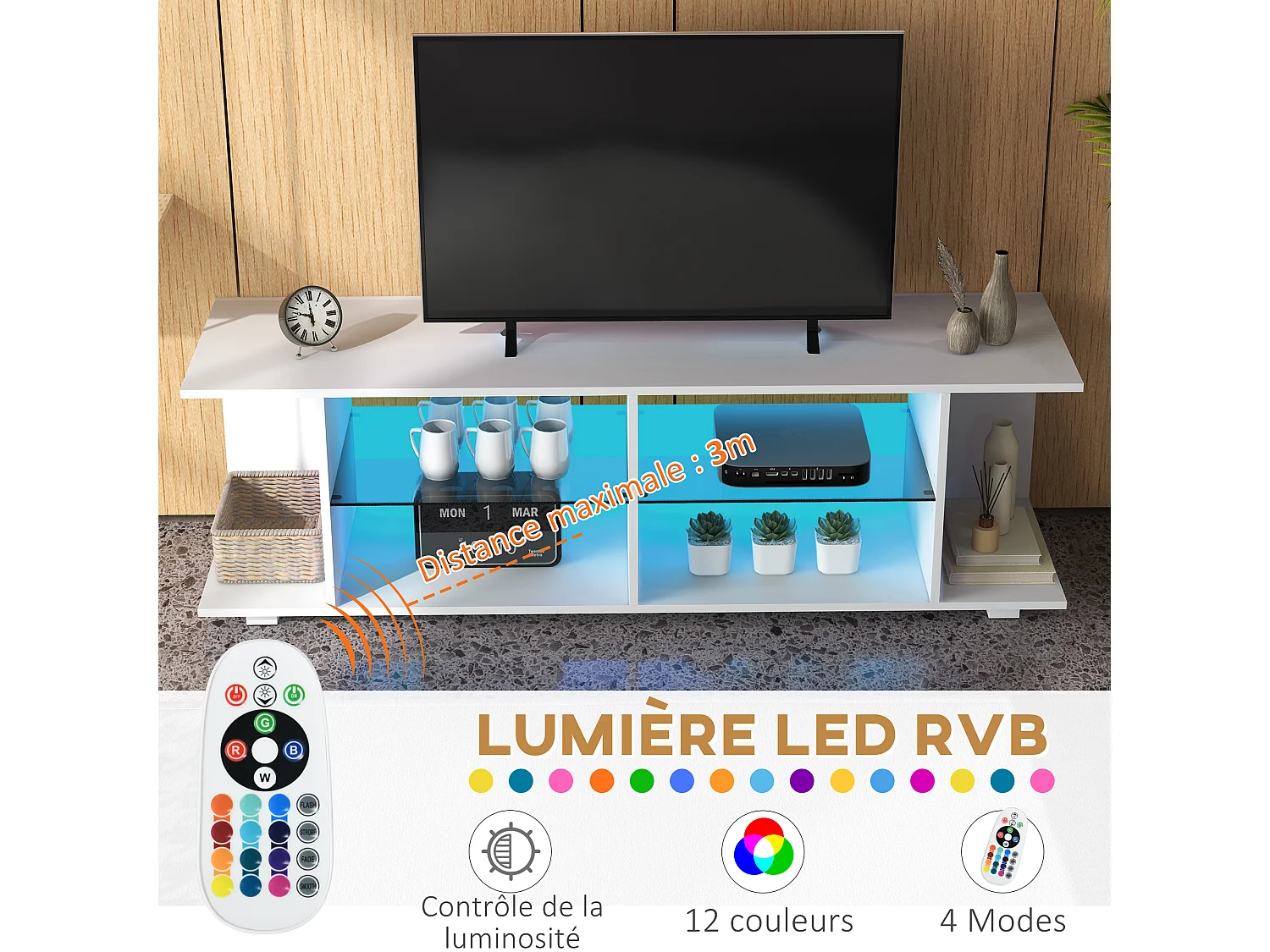 Meuble banc TV sur pieds avec lumières LED - 2 étagères en verre trempé pour télévision jusqu'à 60 pouces style contemporain - 145 x 40 x 45 cm blanc