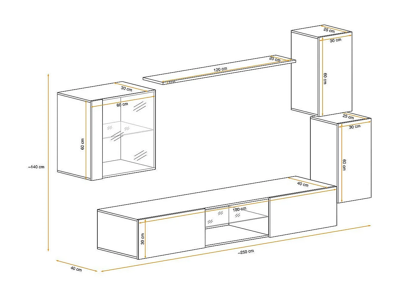 Ensemble Meuble TV "Switch XXIII" 250cm Gris & Noir