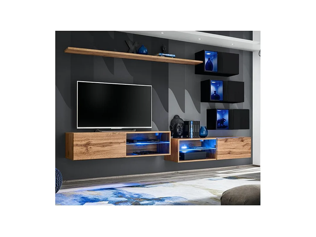 Ensemble meuble TV mural Switch XXIV - L 260 x P 40 x H 170 cm - Marron et noir