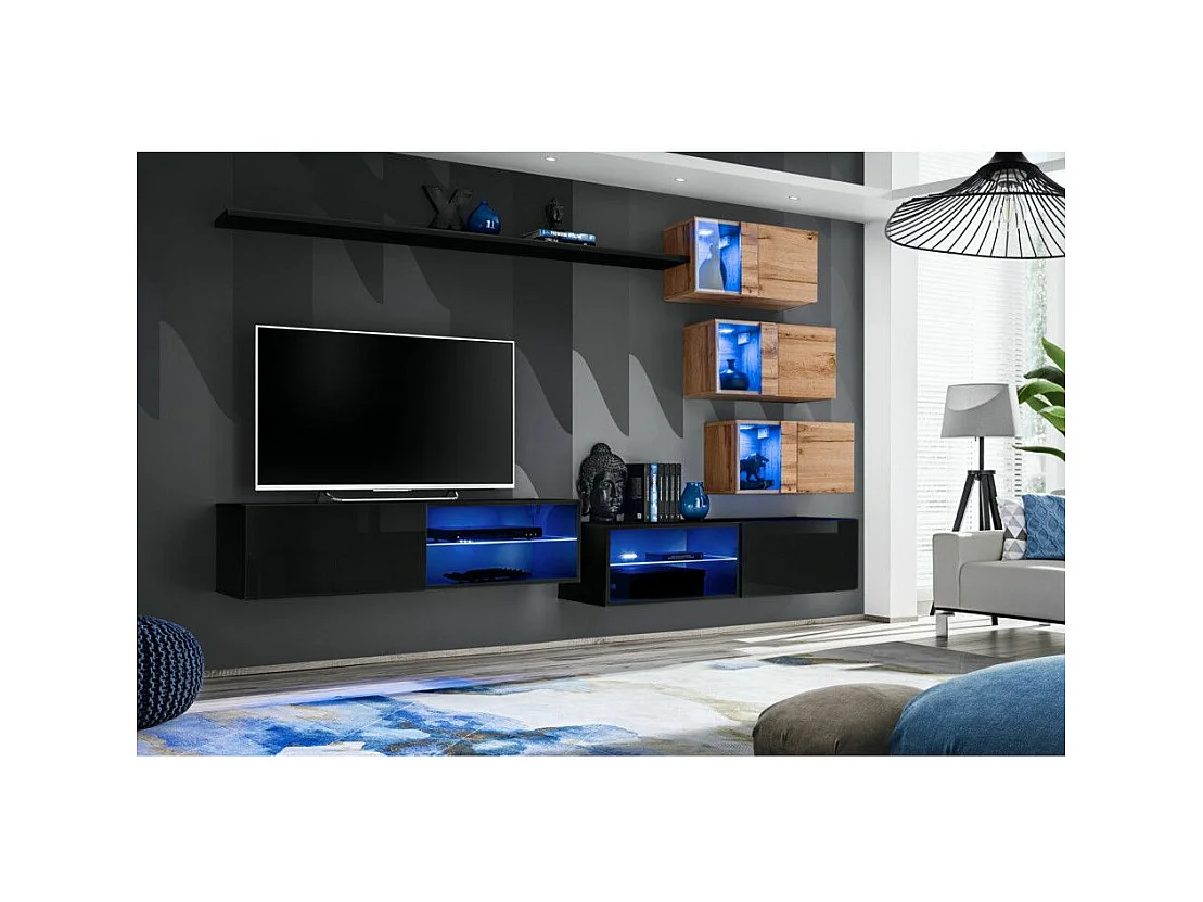Ensemble meuble TV mural Switch XXIV - L 260 x P 40 x H 170 cm - Noir et marron