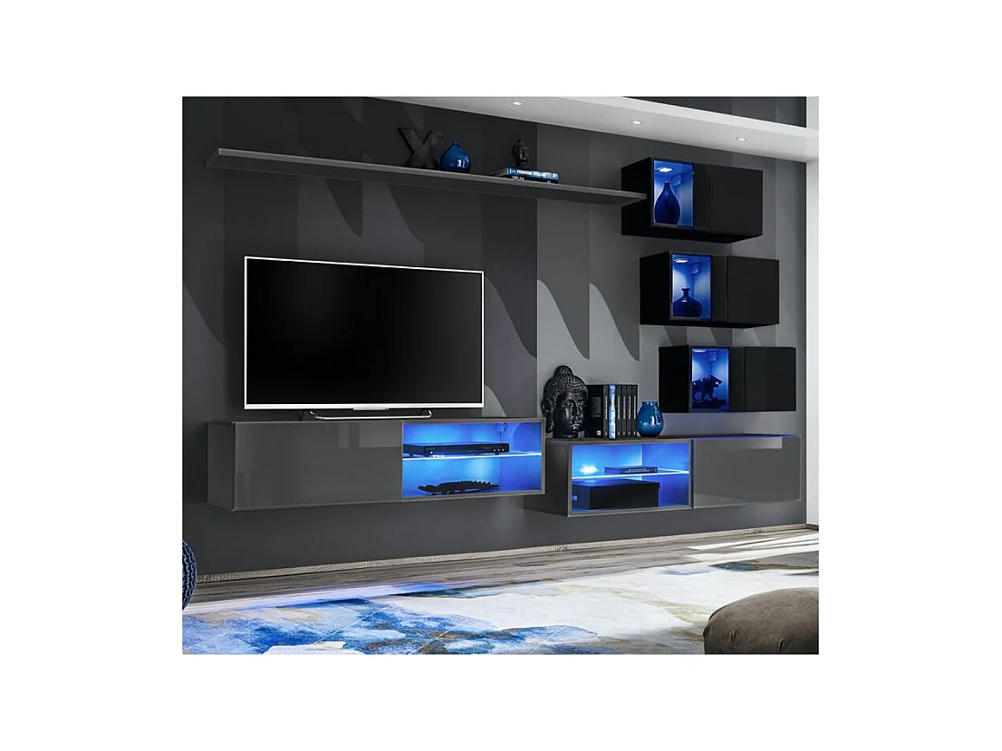 Ensemble meuble TV mural Switch XXIV - L 260 x P 40 x H 170 cm - Gris et noir